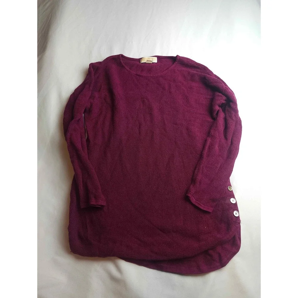 Michael Kors Womens Waffle Knit Side Button Tunic Sweater Burgundy Plum Medium